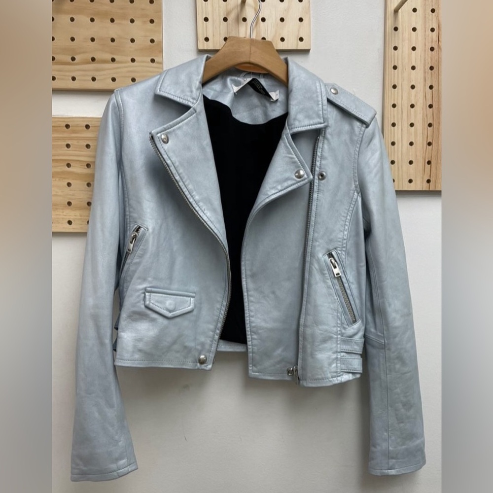 IRO Paris Ashville Leather Jacket Metallic Light Blue Women’s size 38 NEW W TAGS